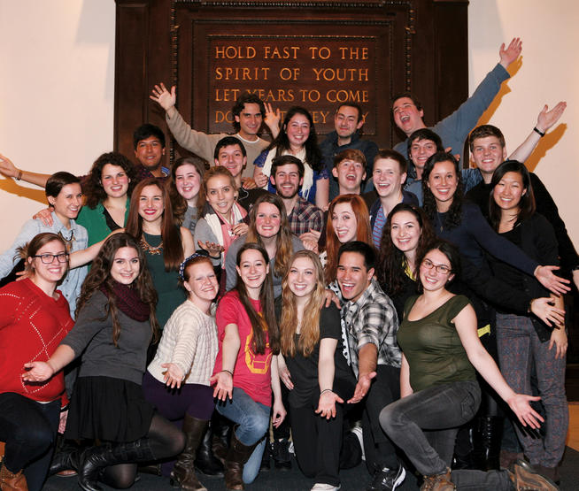 The cast and creative team behind this spring’s Varsity Show pose in John Jay Lounge.